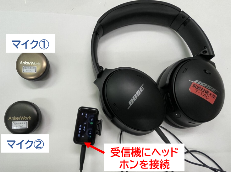 画像 Ankerマイクシステムの受信機にヘッドホンが接続されている