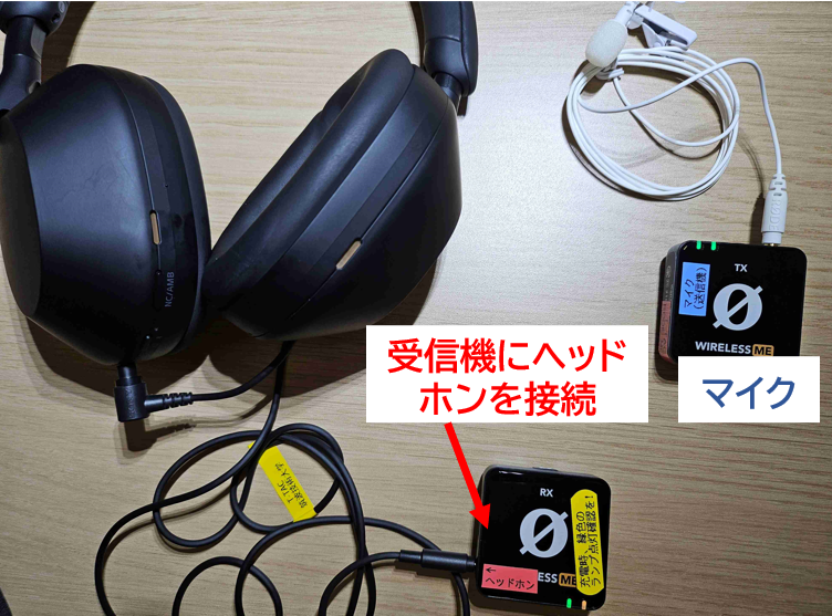 画像 RODEマイクシステムの受信機にヘッドホンが接続されている
